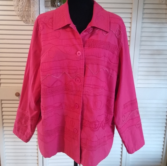 Coldwater Creek Tops - Coldwater Creek 2X Bright Pink Embroidered Button-Up Cotton Shirt Blouse
